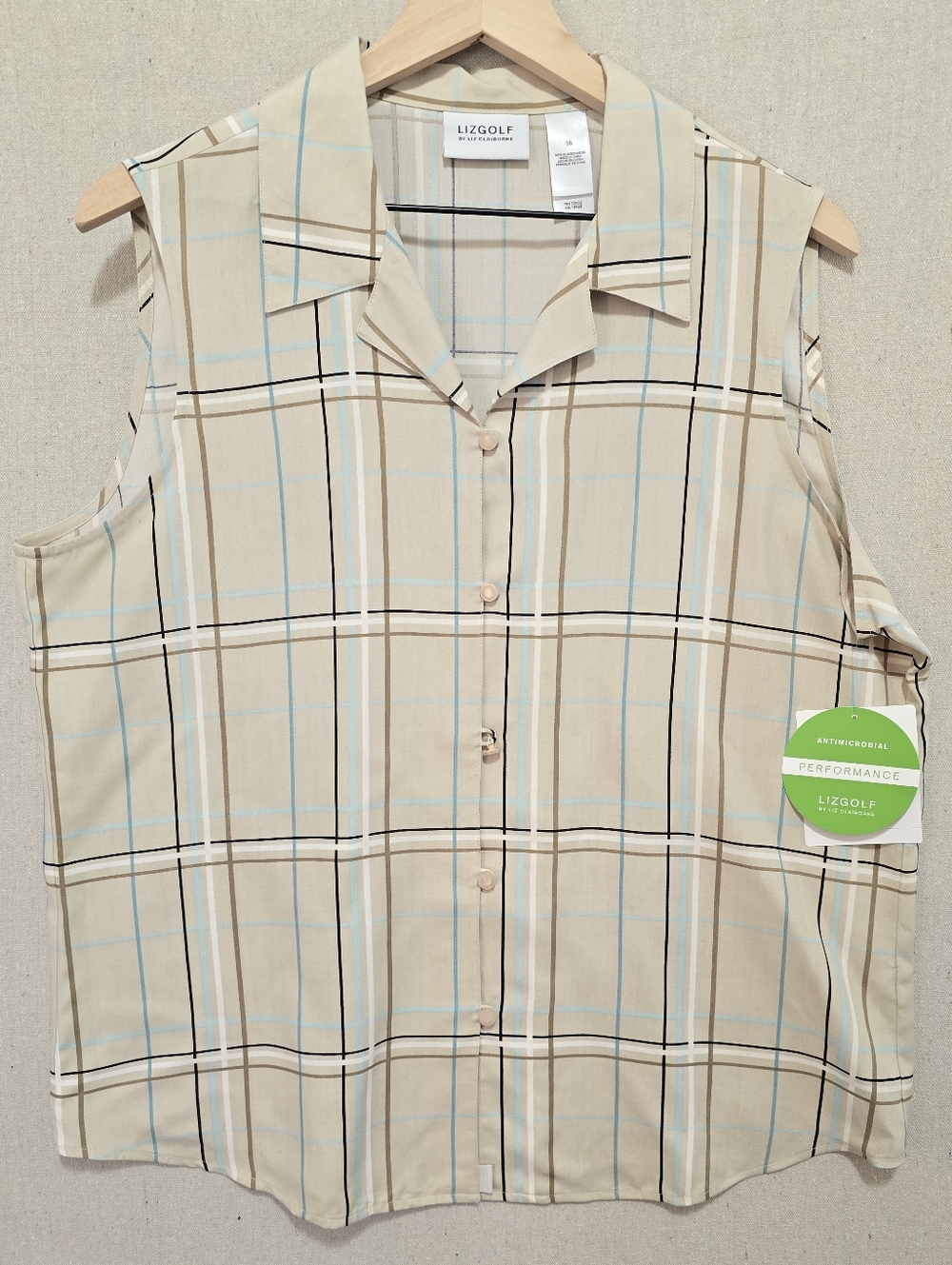 Liz Claiborne LizGolf 100% Silk Sleeveless Blouse Plaid Beige Blue Size 16 NWT